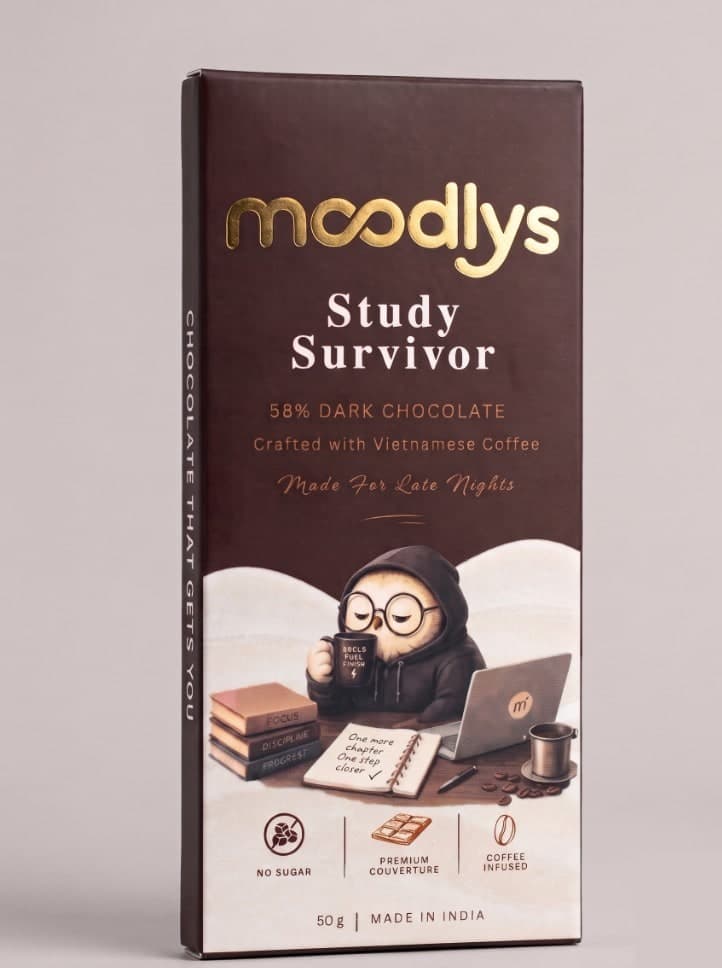 MOODLYS Study Survivor 50g pack — 58% dark chocolate with Vietnamese coffee flavour